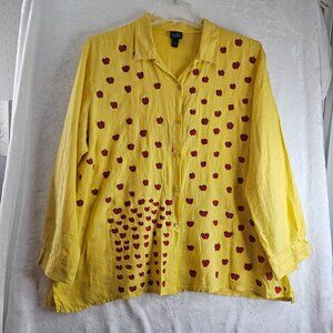 Eileen Fisher Yellow Button Up Top 100% Irish Linen Hand Painted Red Apples XL